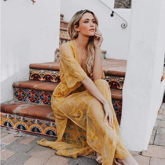 Mustard women lace boho overlay dress - Picture 1 of 5